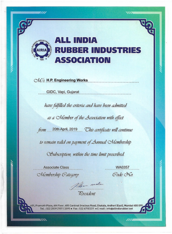 Certifictae of All India Rubber Industries Association